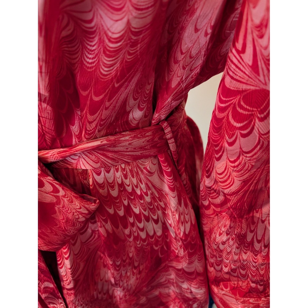August Silk Intimates Red Pink Marbled Feather 100% Silk Long Robe Kimono Large - Picture 4 of 7